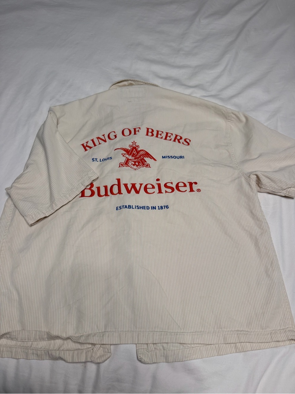 Abercrombie & Fitch Cream Short-Sleeve Button-Down with Red and Blue Logo